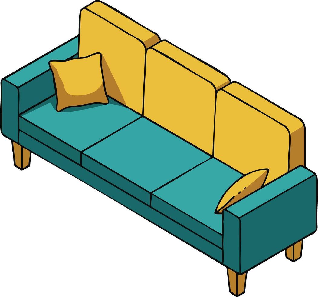 Modern teal and yellow three-seater sofa with wooden legs and cushions illustration vector