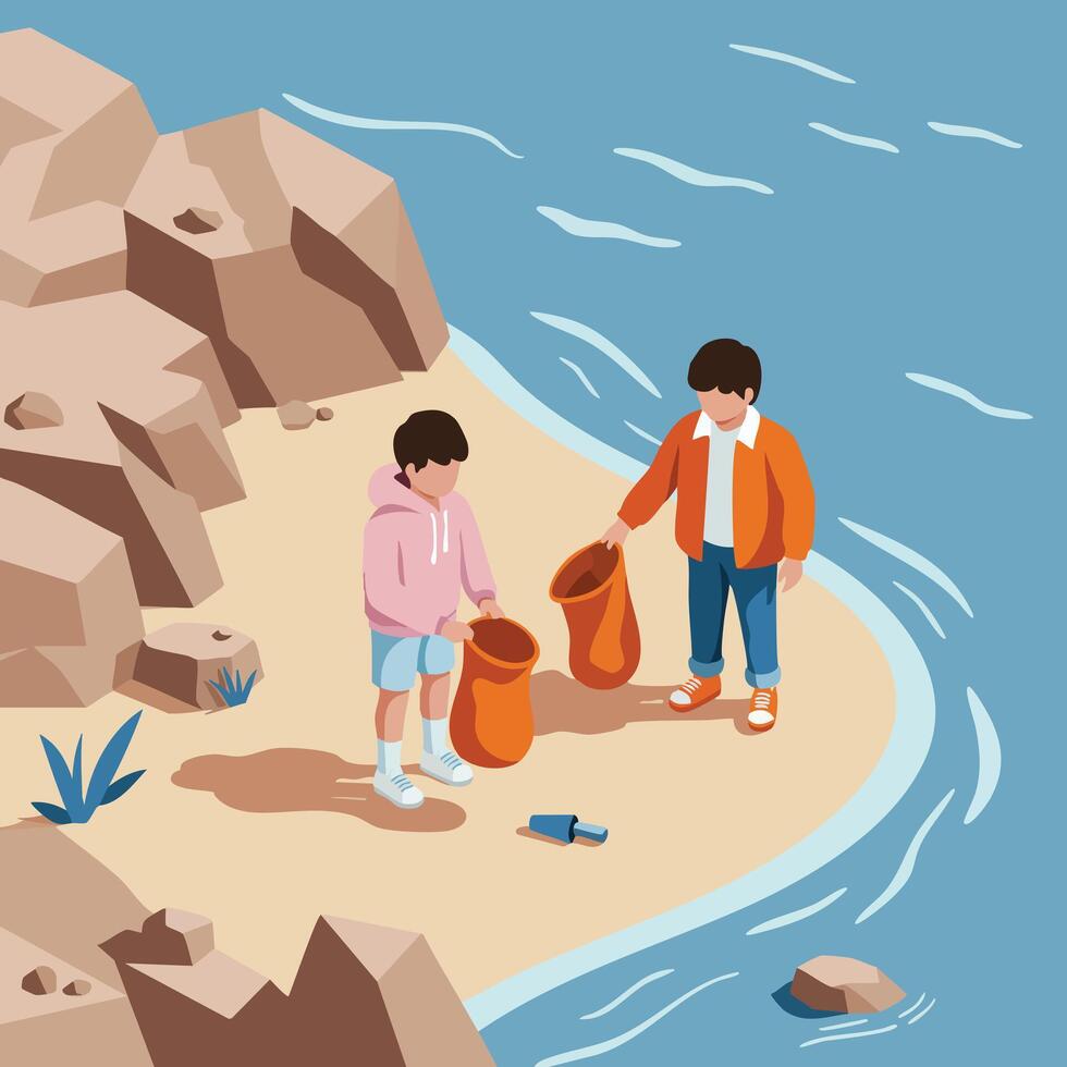 Children picking up trash on rocky beach shoreline environmental cleanup activity illustration vector
