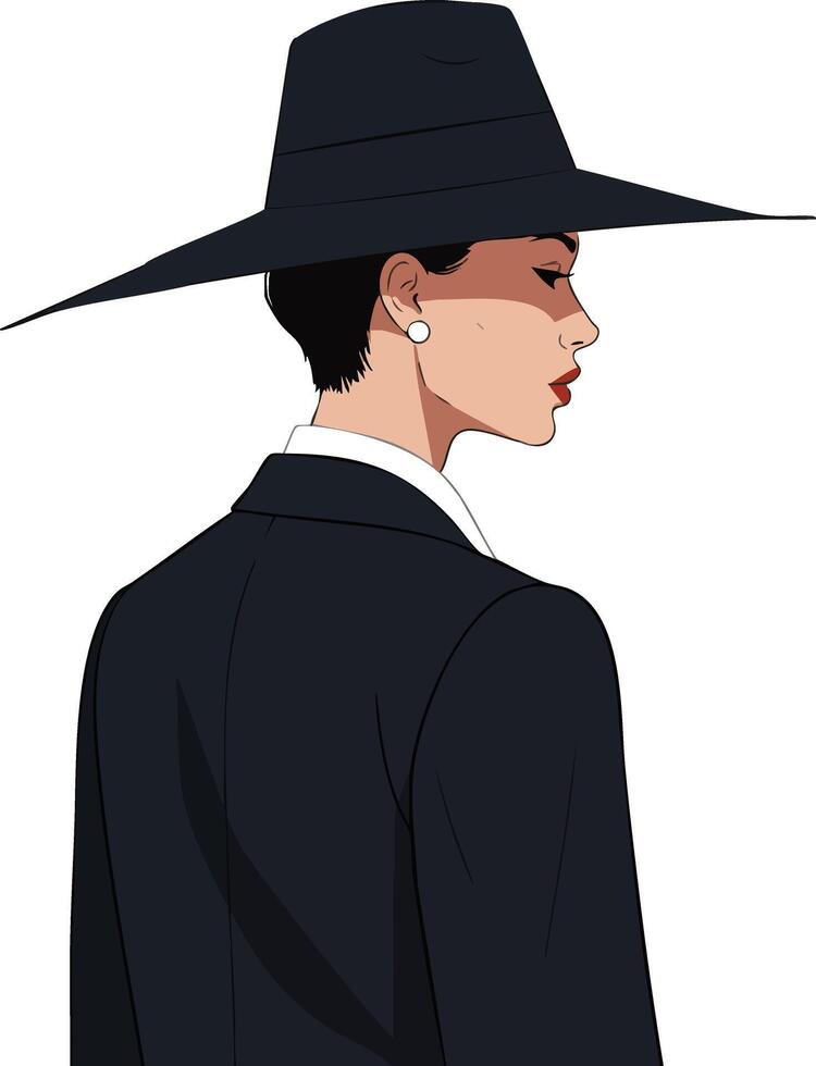 Woman in black wide brim hat and formal suit side profile fashion illustration design vector