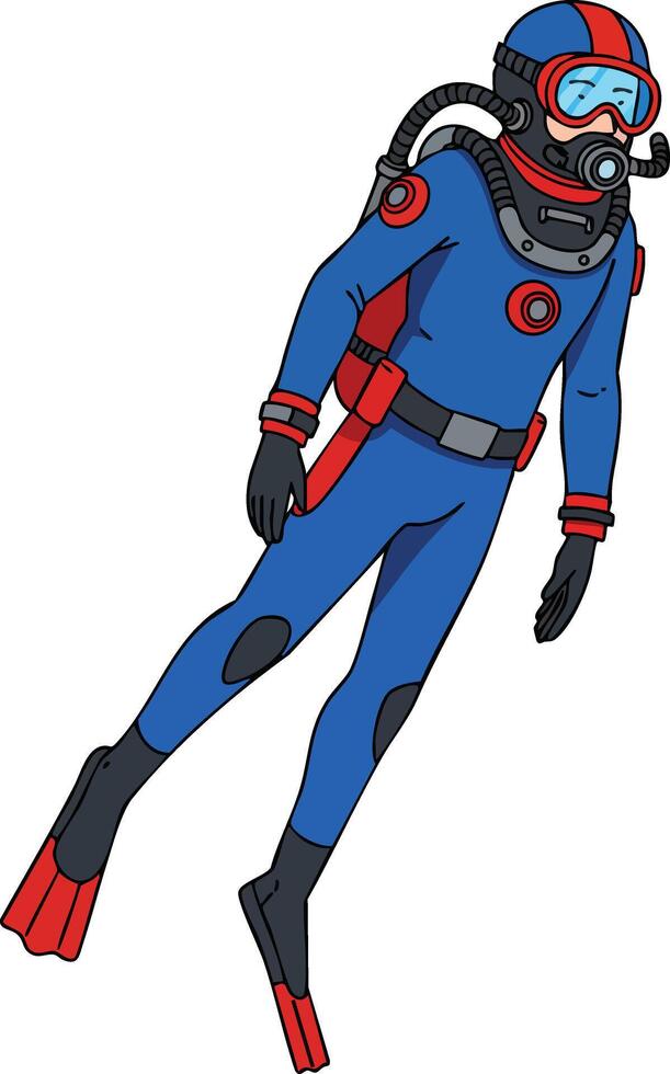 Scuba diver in blue and red wetsuit with breathing apparatus underwater exploration gear illustration vector