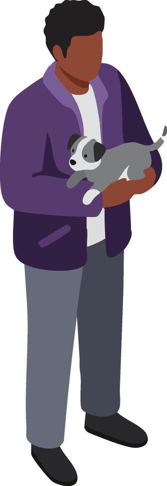 Man holding small dog in purple jacket and gray pants illustration in standing pose vector
