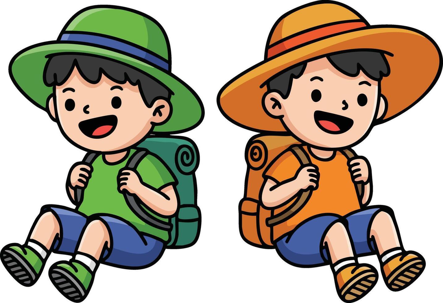 Two cheerful boys with backpacks and hats sitting and smiling in colorful casual clothes illustration vector