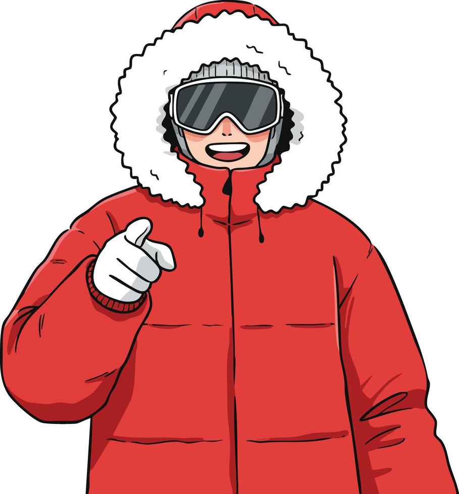 Person wearing red winter jacket with fur hood and ski goggles pointing finger illustration vector