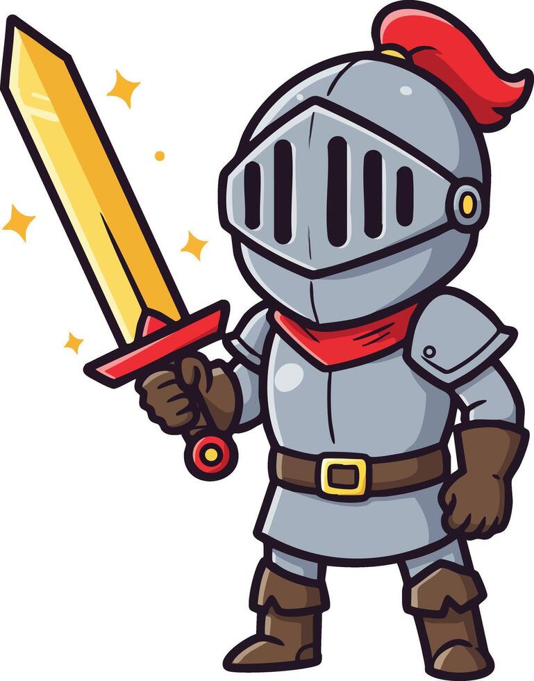 Cartoon knight in shining armor holding glowing golden sword illustration with red plume and medieval outfit vector