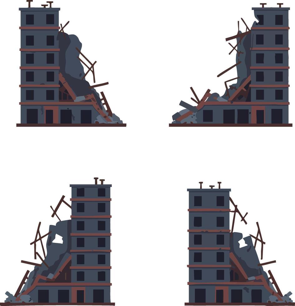 Damaged dark grey building with rubble and broken structure illustration showing four different views of ruined urban architecture vector