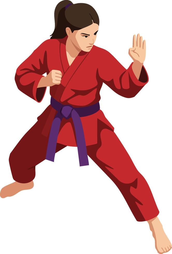Woman practicing martial arts in red uniform with purple belt performing defensive stance illustration vector