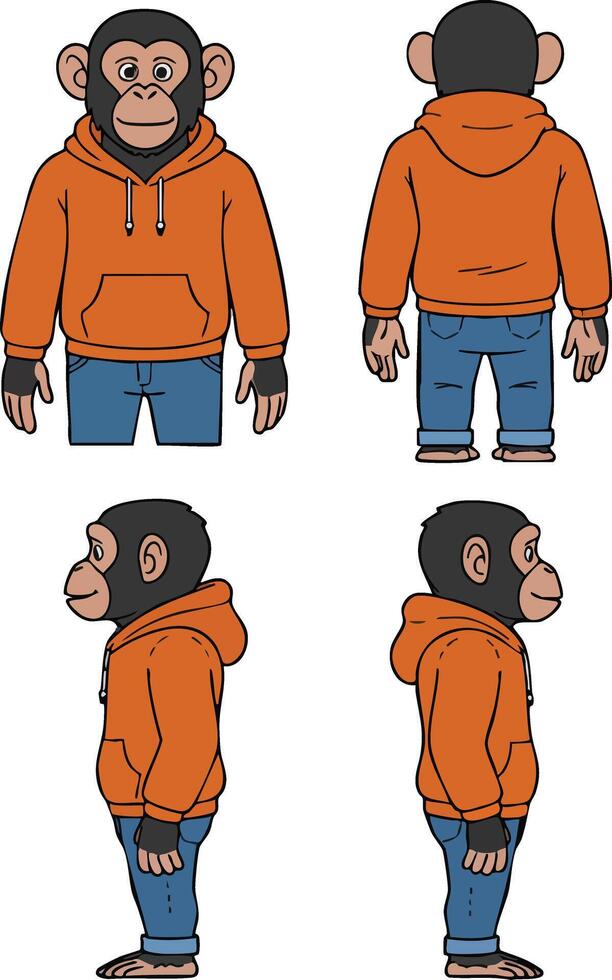 Chimpanzee character wearing orange hoodie and blue jeans in four views front back and sides illustration vector