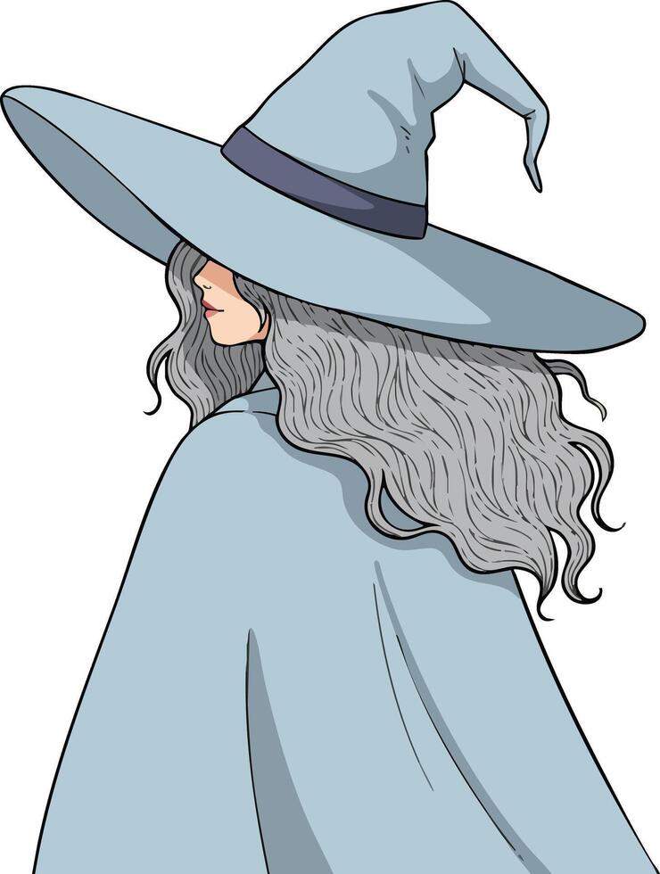 Woman in blue witch hat and cloak with long wavy gray hair mystical fantasy character illustration vector