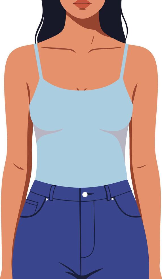 Woman in blue tank top and jeans casual summer outfit illustration for lifestyle and fashion vector