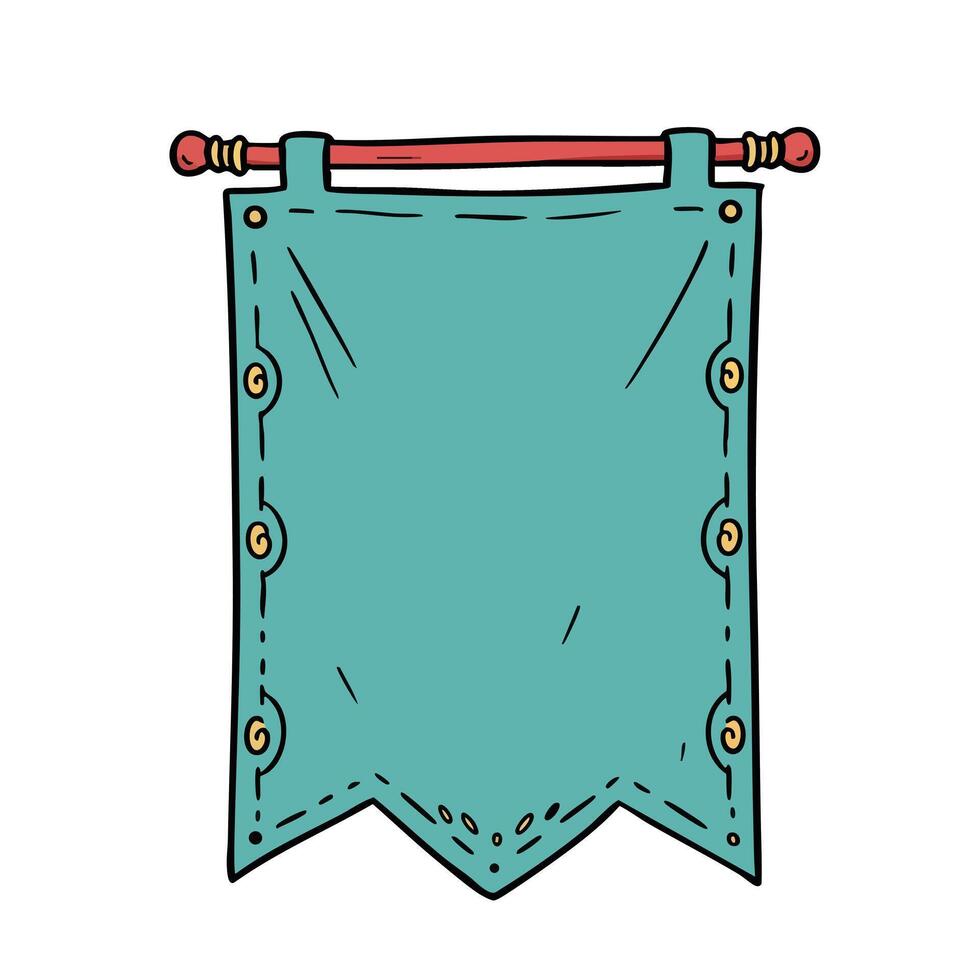 Hanging fabric banner with wooden rod hand drawn illustration in teal and red colors vector