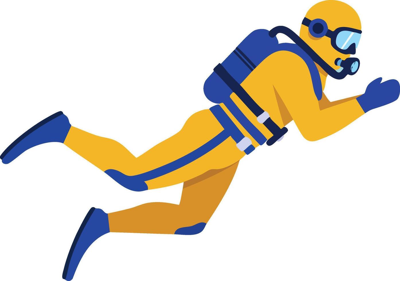 Scuba diver in yellow wetsuit with blue fins and mask swimming underwater illustration vector