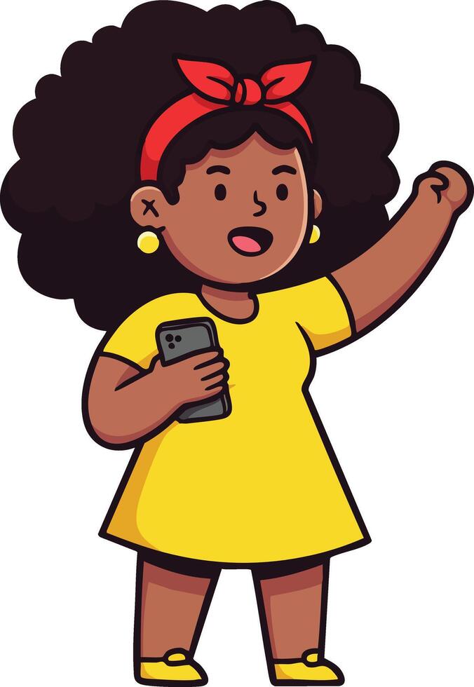 Girl in yellow dress holding smartphone and raising fist in confident gesture illustration vector