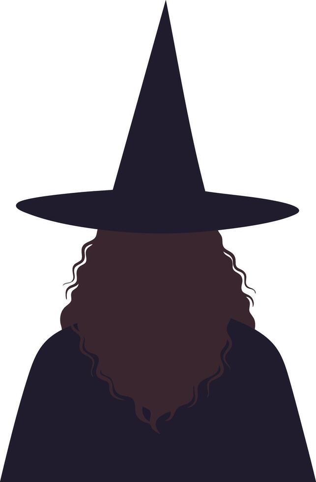 Witch silhouette with pointed hat and curly hair dark figure illustration for Halloween and fantasy themes vector