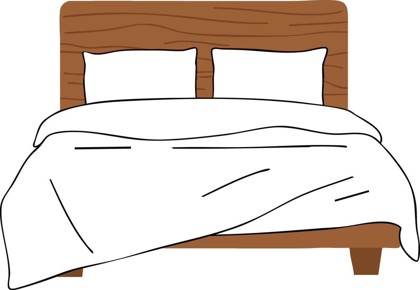 Wooden bed frame with white pillows and blanket illustration for bedroom furniture design vector