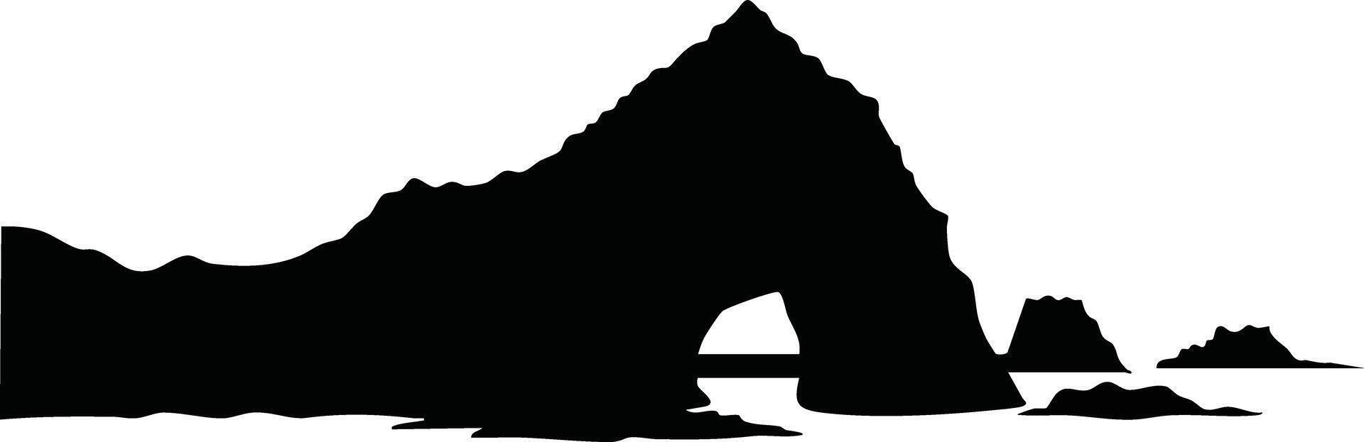 Natural rock arch formation with surrounding sea rocks silhouette illustration in black and white minimal style vector