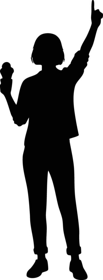 Woman holding microphone singing and pointing up silhouette illustration in black and white style vector