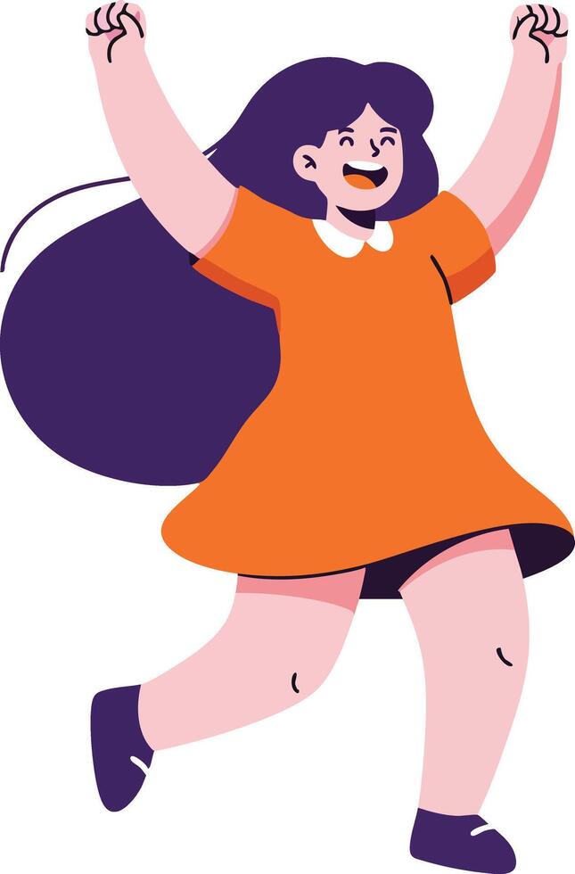 Happy cheerful girl jumping with raised hands in orange dress illustration for lifestyle design and celebration concepts vector