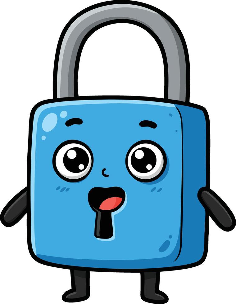 Cute blue cartoon padlock character with happy face and arms in illustration design vector
