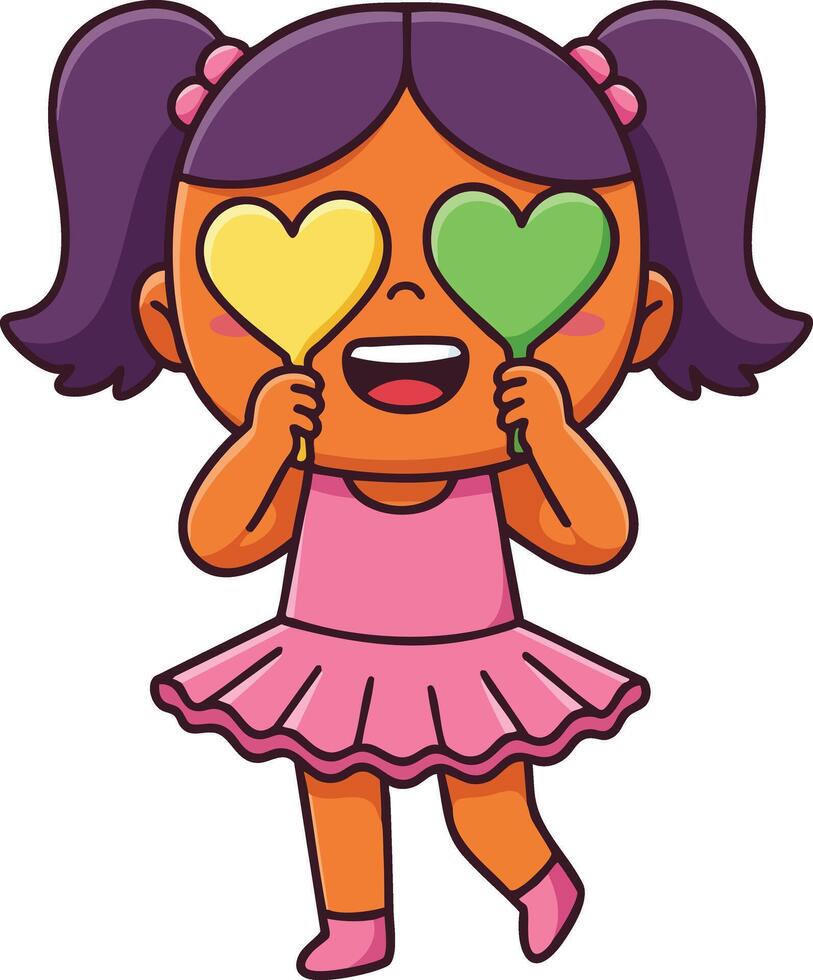 Cartoon girl holding yellow and green heart shapes covering eyes in playful pose illustration vector