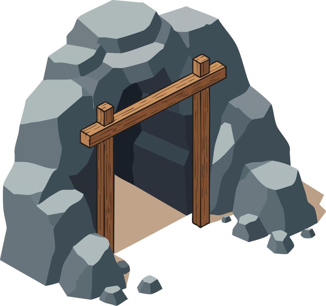 Isometric mine entrance with wooden frame and rocky surroundings illustration design vector