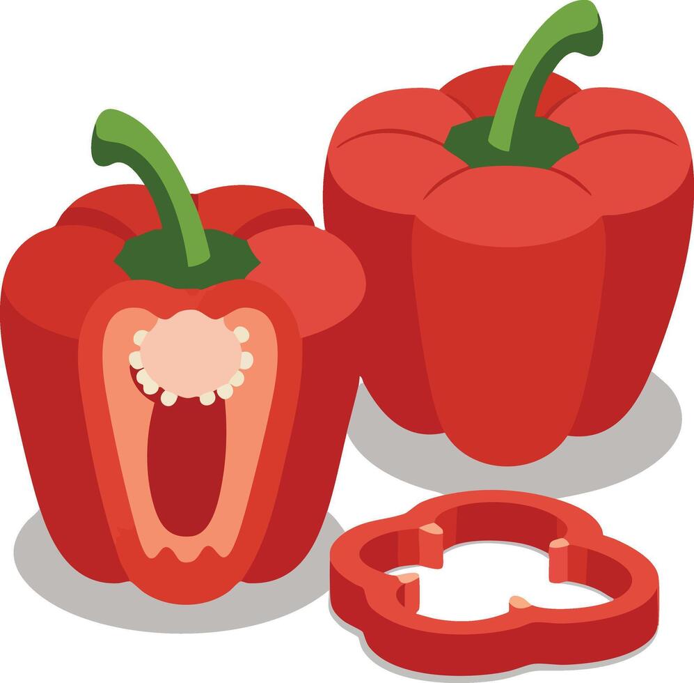 Red bell peppers whole and sliced illustration with green stems and seeds visible natural food ingredient vector