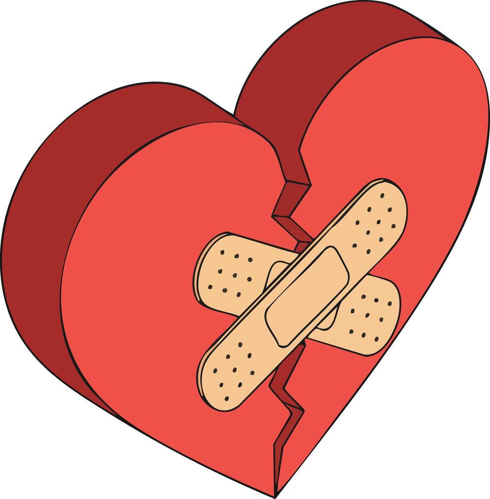 Broken heart with adhesive bandage in red tones symbolizing healing and emotional recovery illustration vector