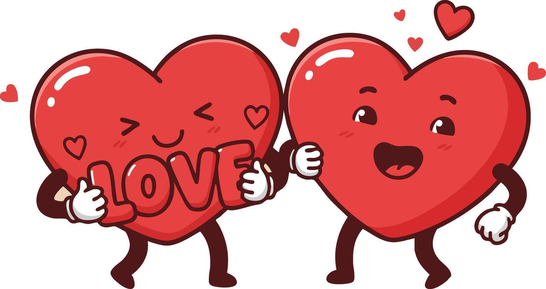 Two red cartoon hearts holding love sign with animated faces and cute expressions illustration vector