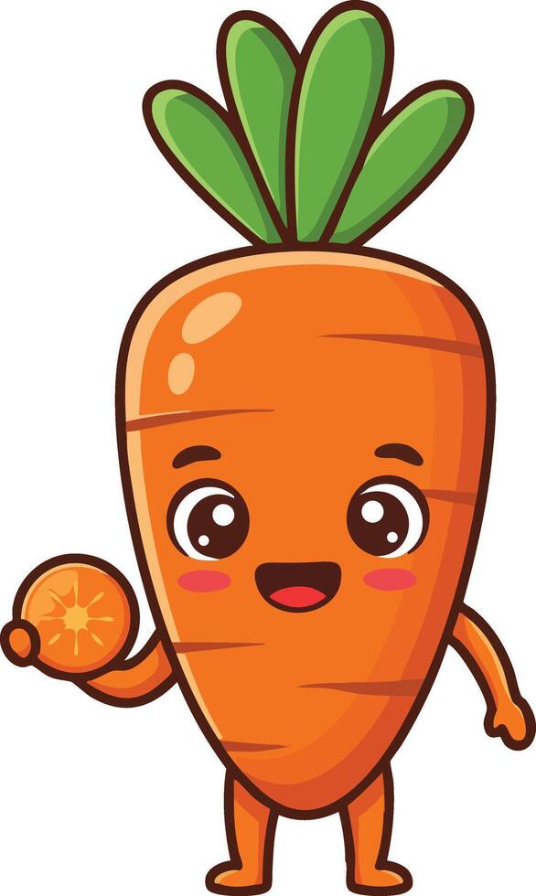 Cartoon carrot character holding carrot slice with happy expression and green leaves illustration vector