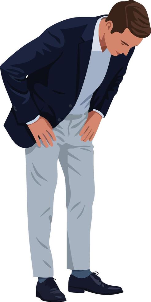 Man in navy blazer and gray pants bowing politely in formal attire illustration vector