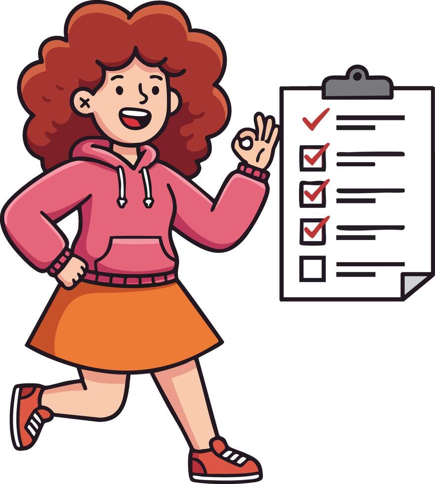 Girl with checklist showing approval sign in casual clothes illustration vector