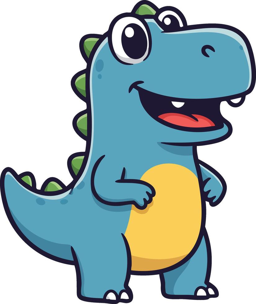 Cute blue dinosaur cartoon character with yellow belly and green spikes illustration for kids and playful design vector