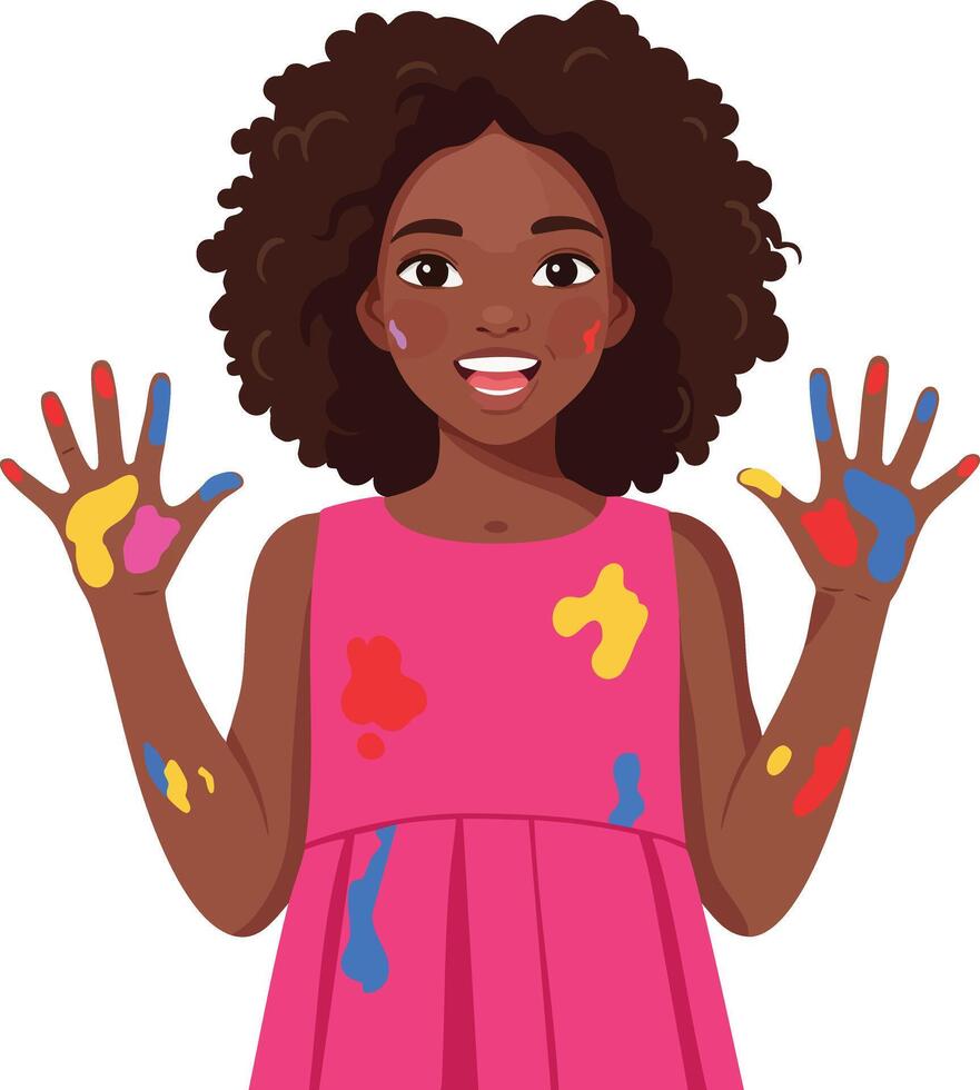 Happy young girl with colorful paint on hands and clothes enjoying creative art playtime in pink dress cheerful expression vector