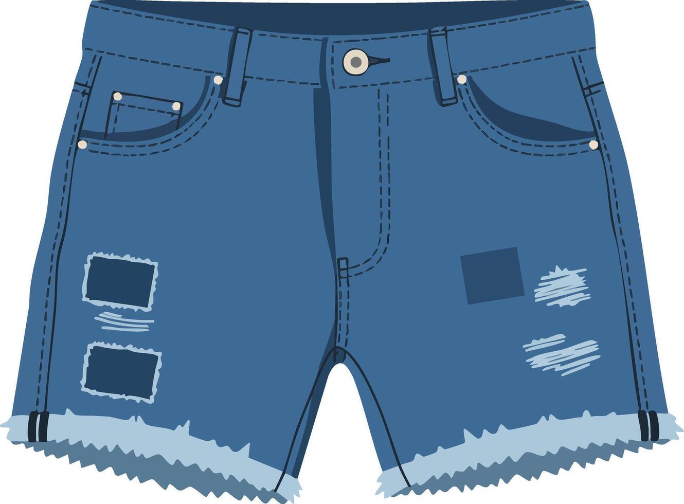 Blue denim distressed shorts with frayed edges and patch details illustration for casual summer wardrobe style vector