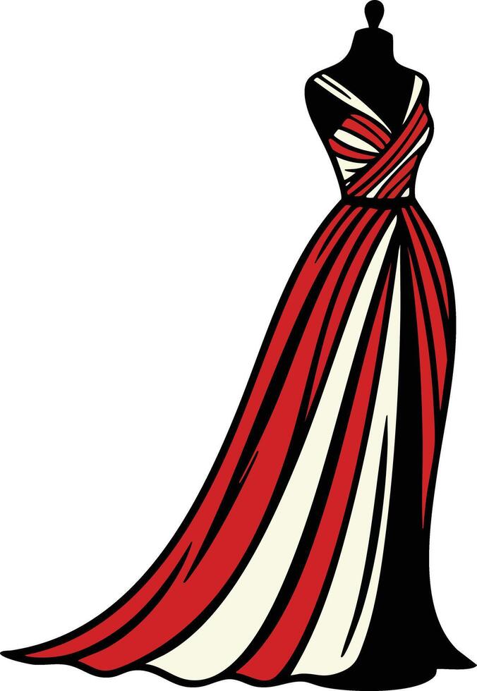 Red and white elegant evening gown on black mannequin fashion design illustration vector