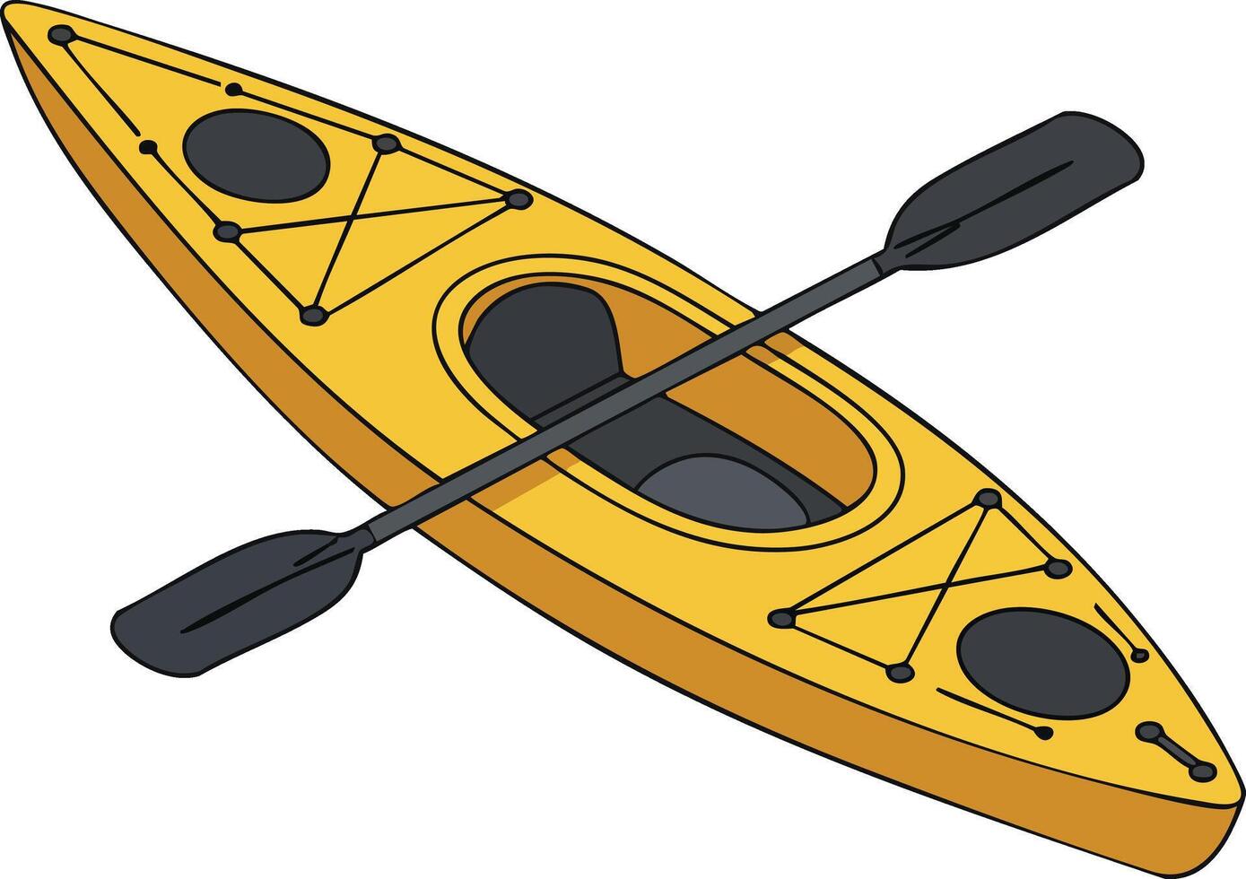 Yellow kayak with black paddle illustration in simple style for water sports and outdoor activities vector