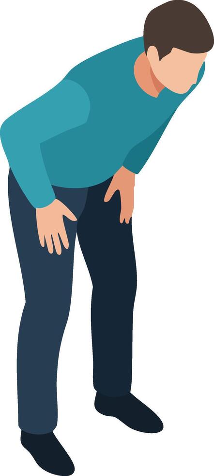 Man in teal sweater bending forward in discomfort or pain illustration in simple style vector