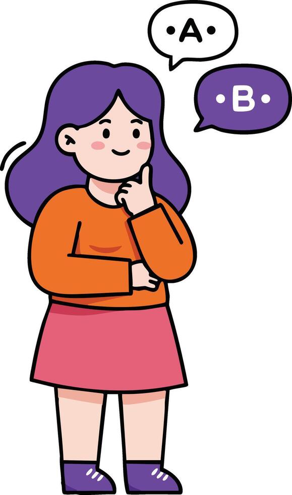 Girl with purple hair thinking and choosing between options A and B in casual clothes illustration vector
