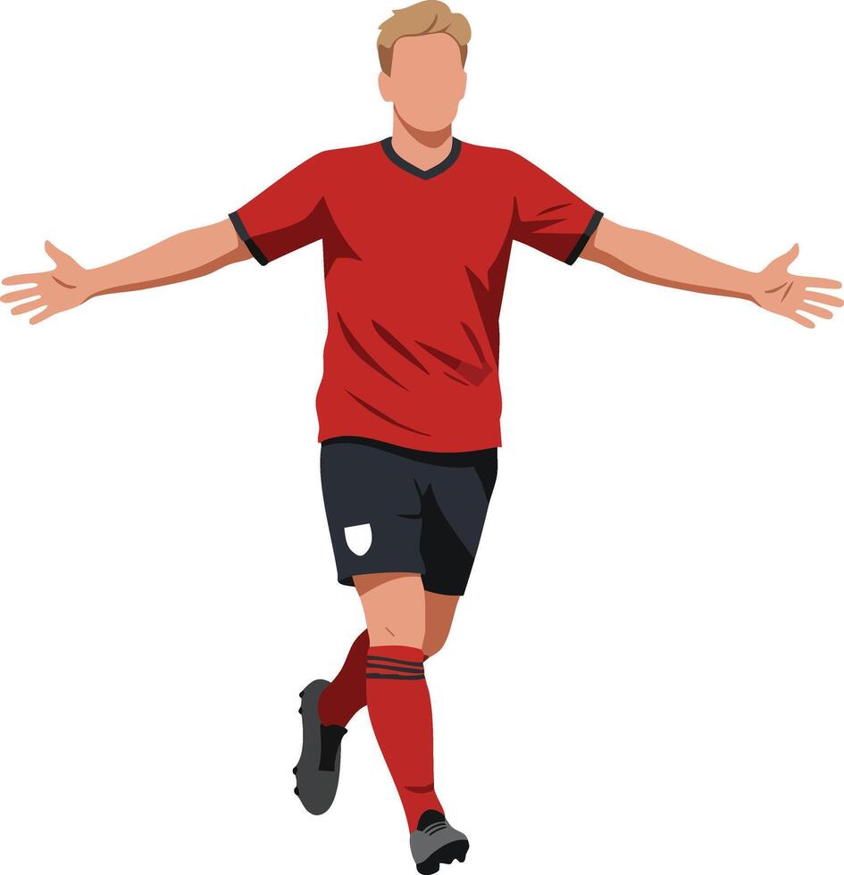 Male soccer player celebrating goal with arms wide open in red jersey and black shorts illustration vector