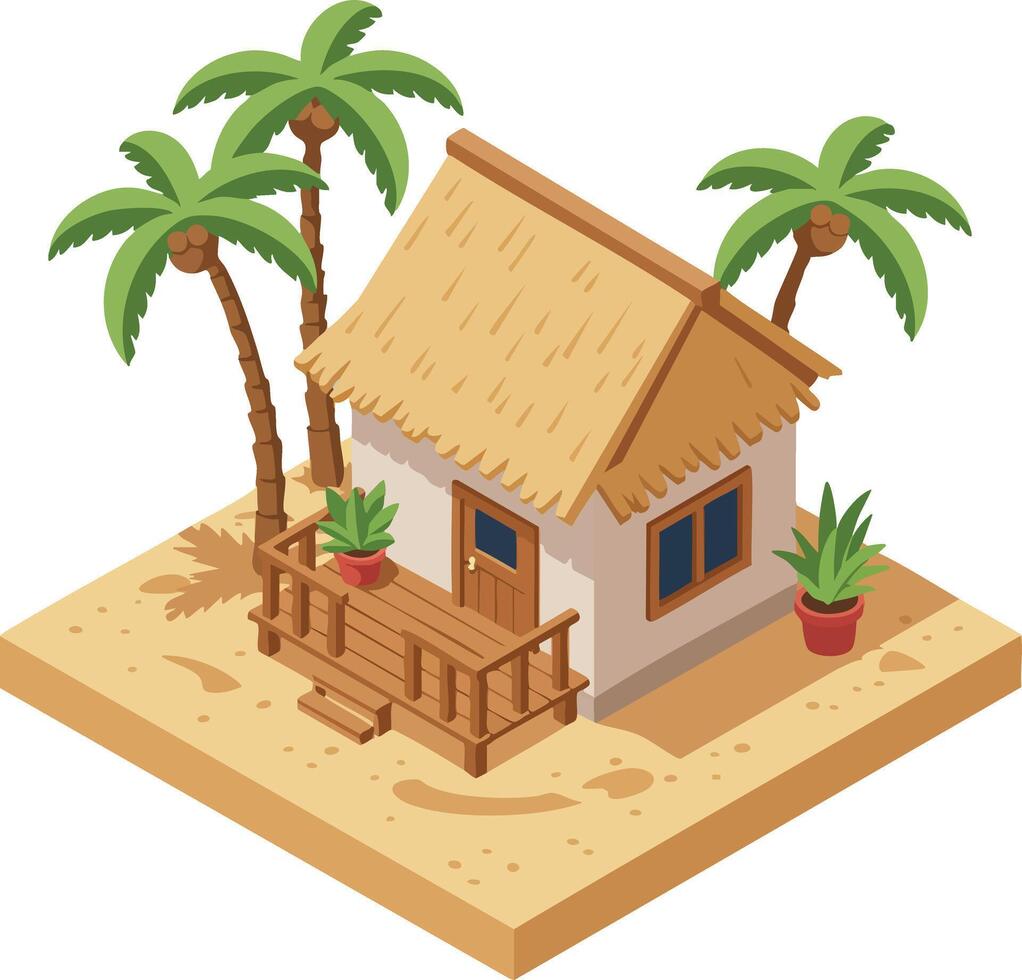 Tropical beach hut with palm trees and potted plants in sandy environment illustration vector
