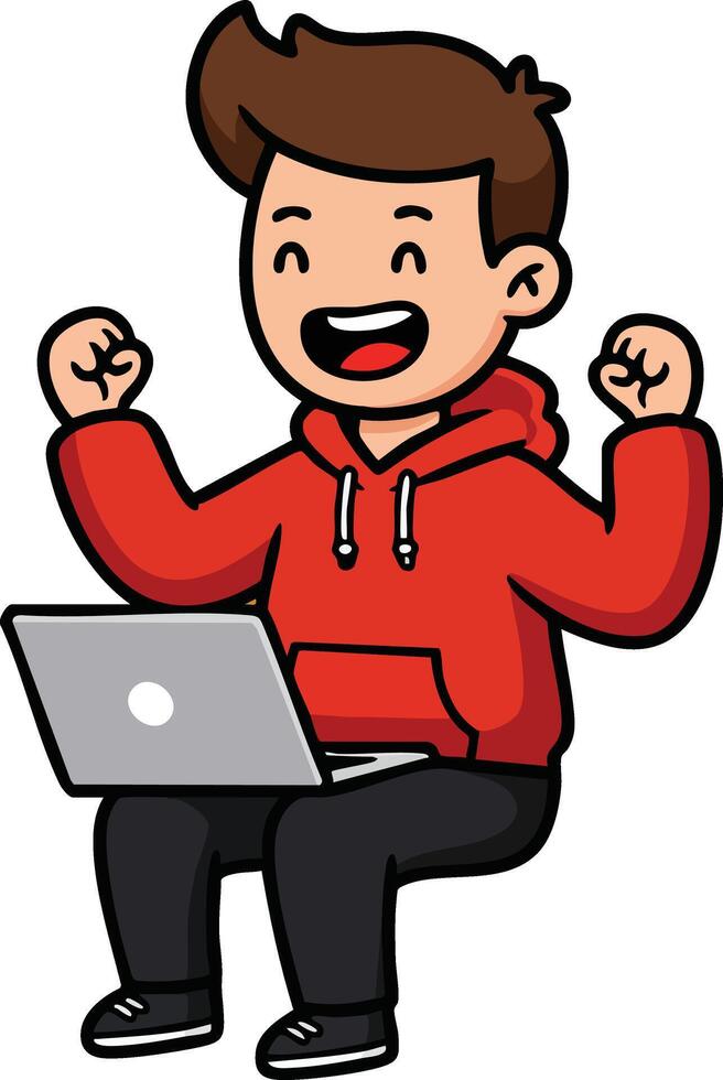 Excited young man celebrating success with laptop computer in red hoodie illustration vector