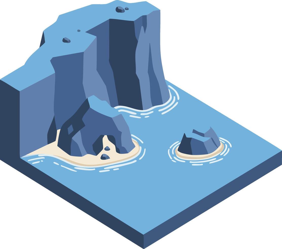 Isometric Illustration of Coastal Cliffs with Small Rocky Islands and Water Ripples in Blue and Beige Colors vector