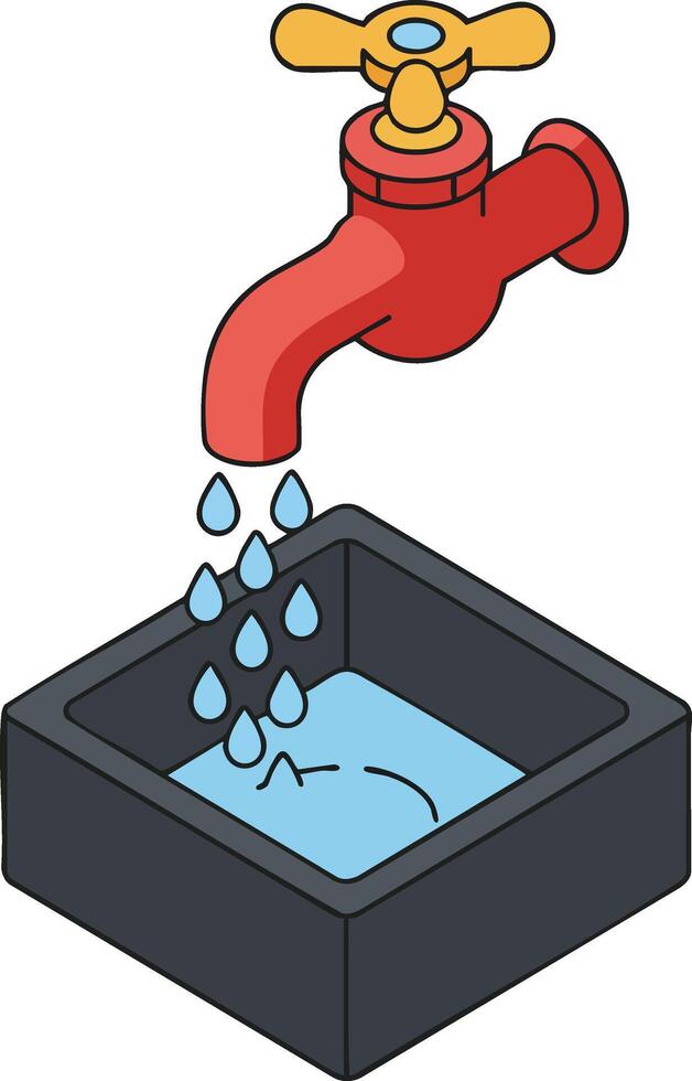 Red water faucet dripping water into black basin illustration in isometric style vector