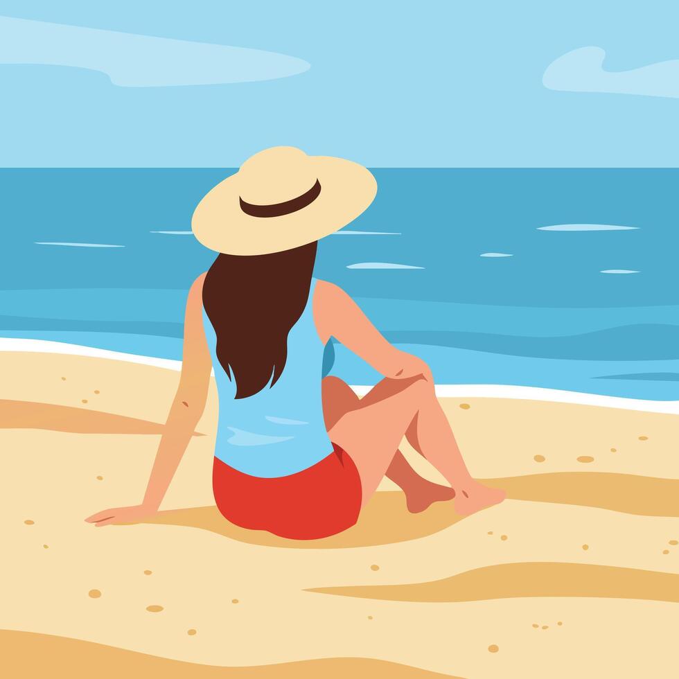 Woman with sunhat relaxing on sandy beach looking at blue sea and sky summer vacation scene vector