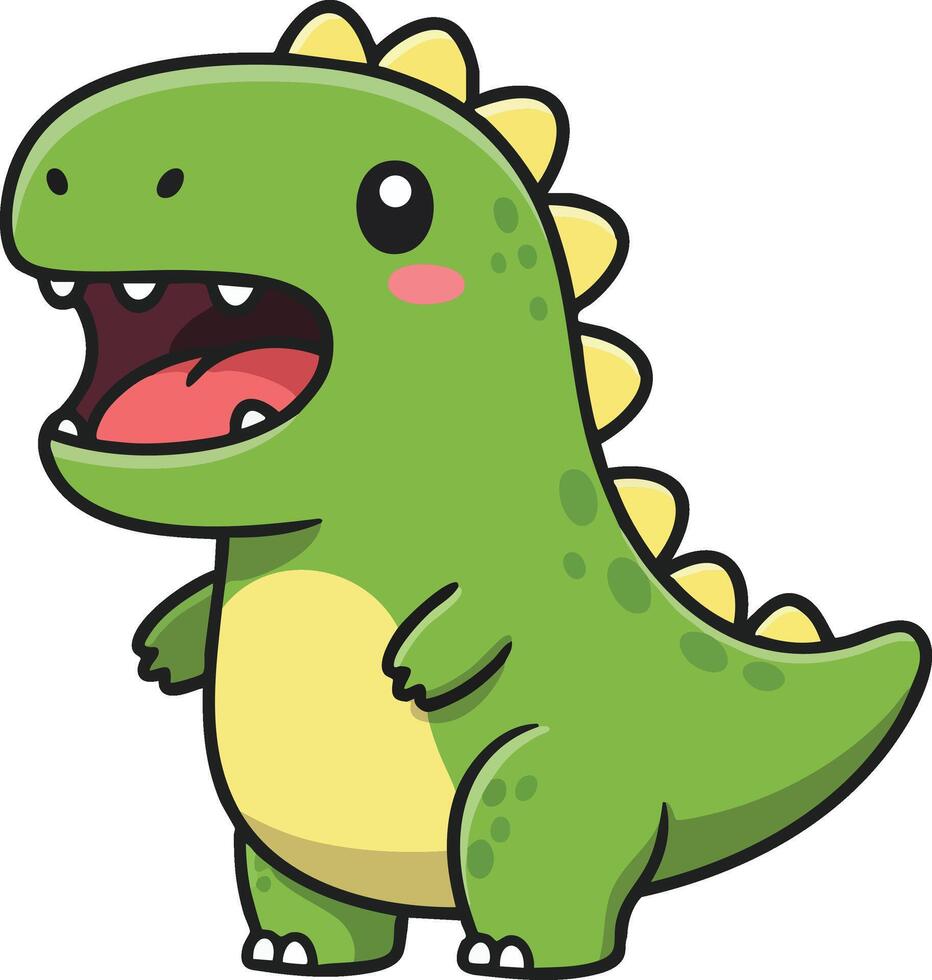Cute green dinosaur cartoon character with yellow spikes and open mouth smiling illustration vector