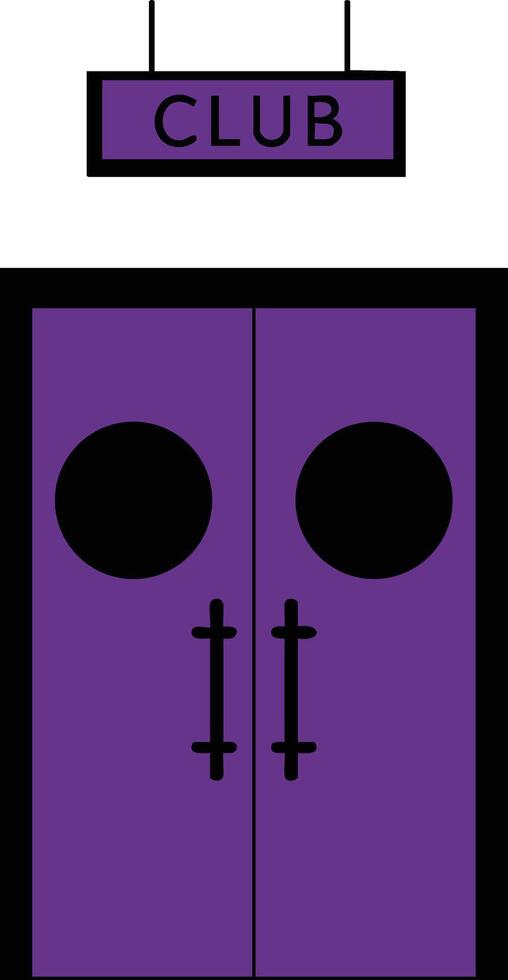 Purple club entrance with double doors and circular windows in simple flat style vector