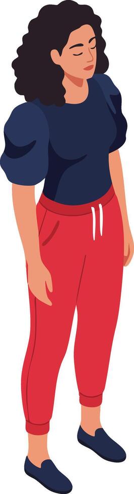 Woman with curly hair wearing navy blue top and red pants standing in casual pose illustration vector