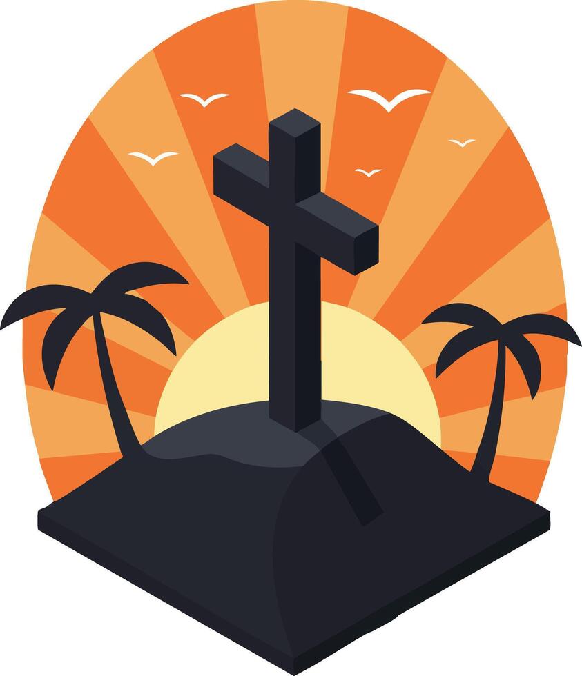 Cross on Grave with Palm Trees and Orange Sunset Background Illustration for Memorial or Religious Theme vector