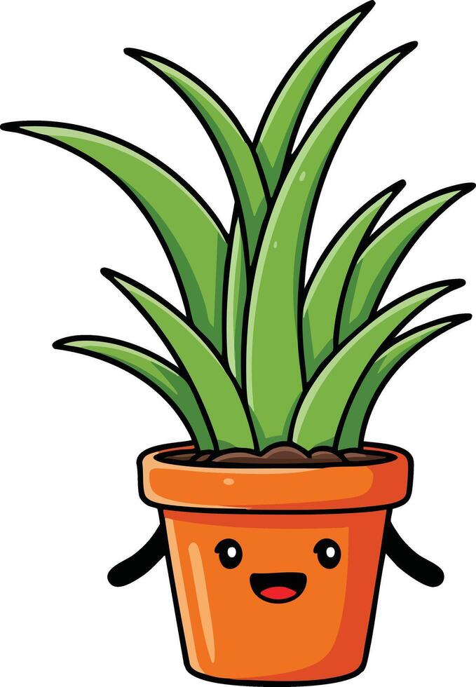 Cute green potted plant with happy face cartoon style illustration for lifestyle and decoration designs vector