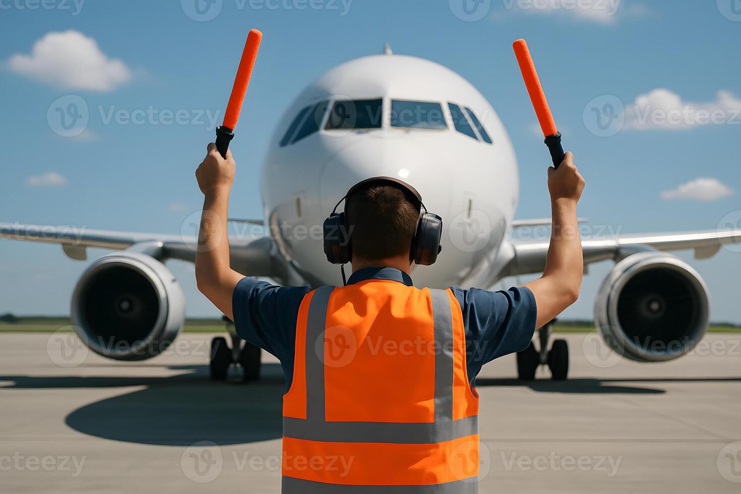 A man in an orange vest holding up two orange poles photo