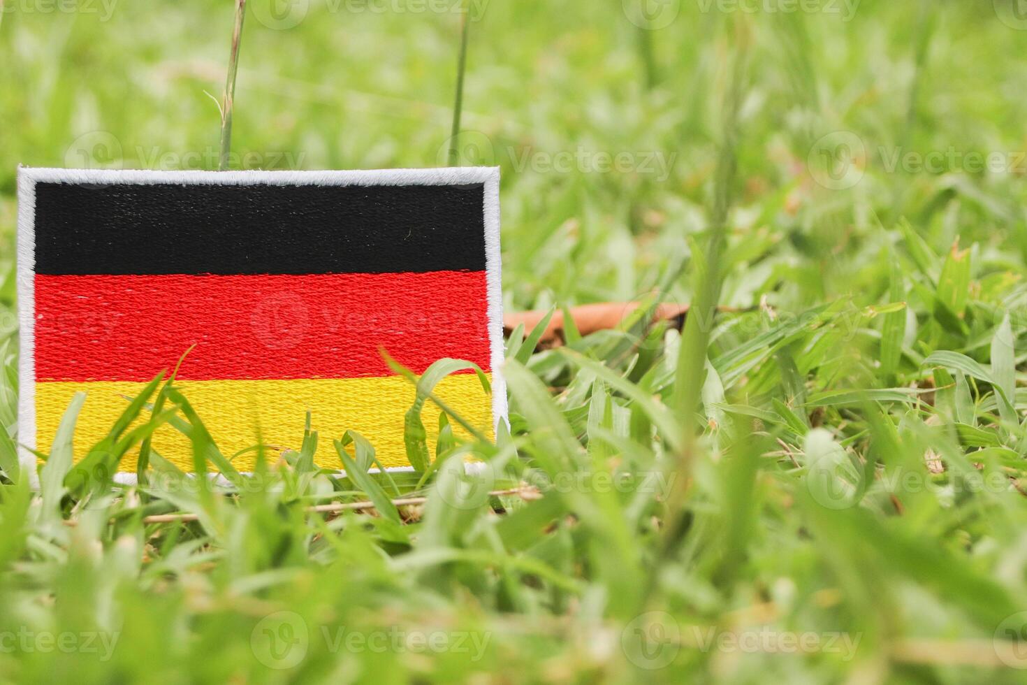 German flag made of eco-friendly thread and cloth, leaning on natural grass with space for text on the right. Promotes Earth Day, sustainability, and climate awareness. photo